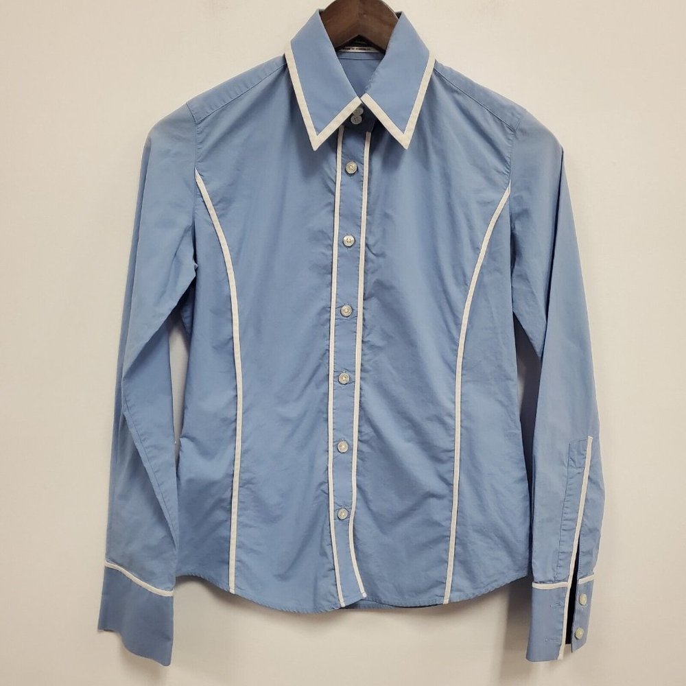 Carolina Herrera Womens Button Front Top Size S Blue Slim Long Sleeve Point Fall